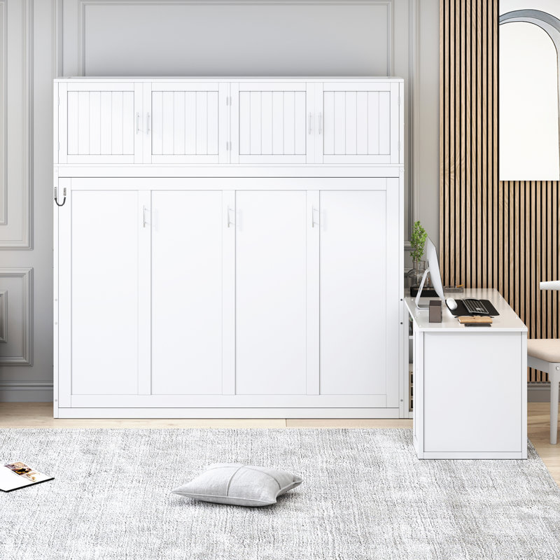 Grand lit escamotable mural avec grands armoires de rangement et bureau