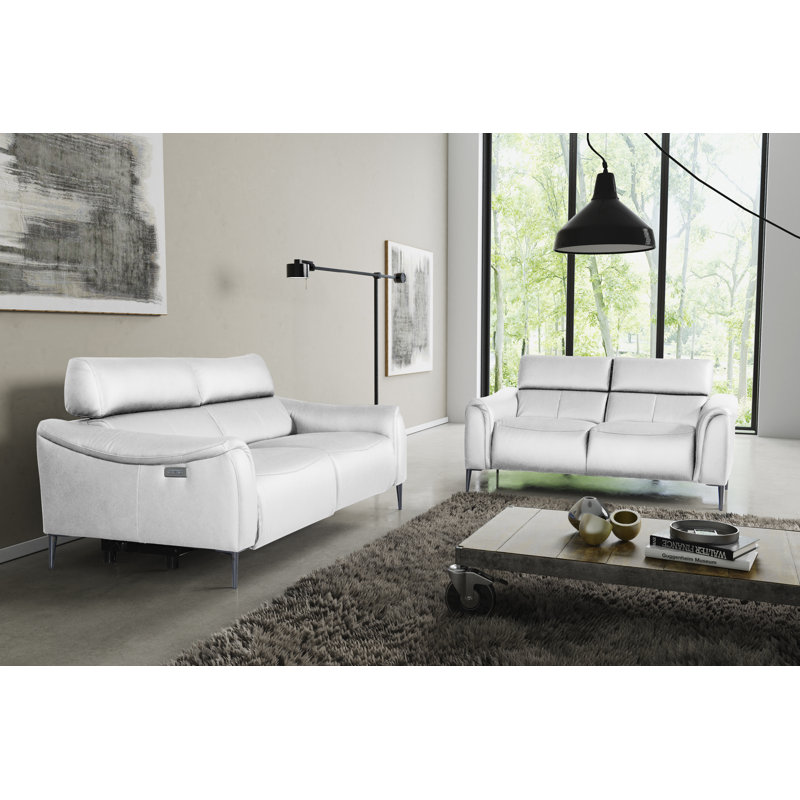 164 cm Genuine Leather Pillow Top Arm Reclining Sofa, Cream