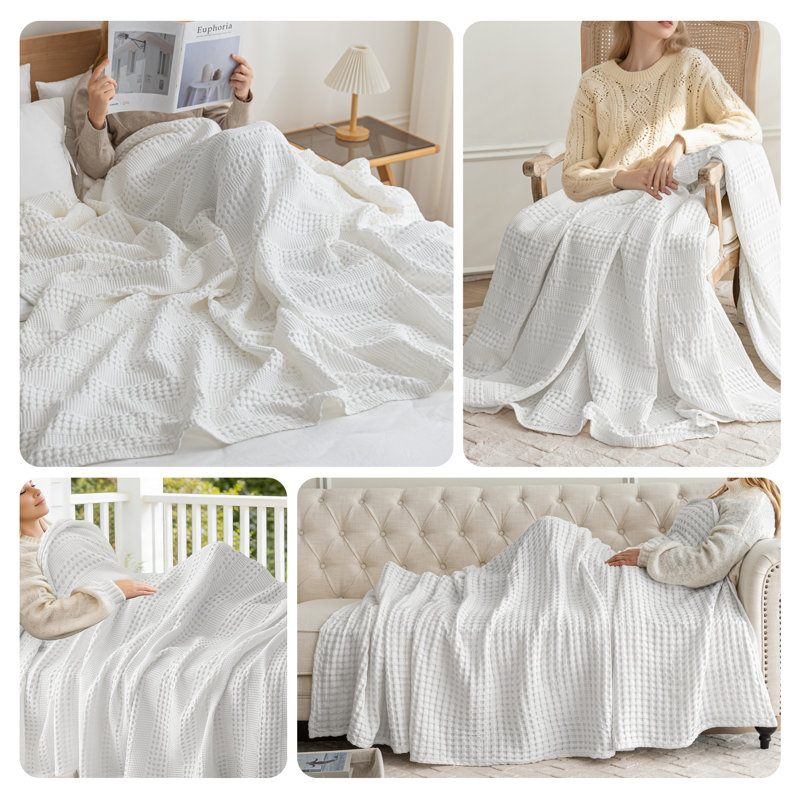 Jeté de lit en coton et viscose tissés gaufrés, Blanc, Jeté