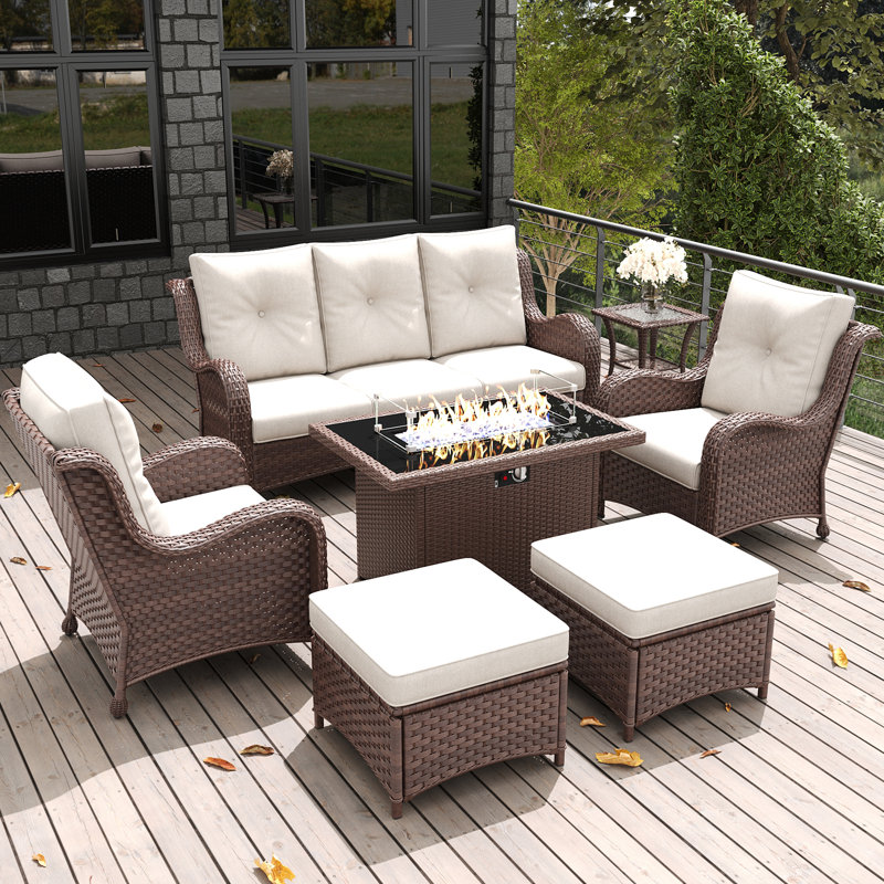  7 Pieces Outdoor Patio Furniture Set With Fire Pit Table, Rattan Wicker Sectional Chairs Sets With Ottomans, Single Chairs And Coffee Table