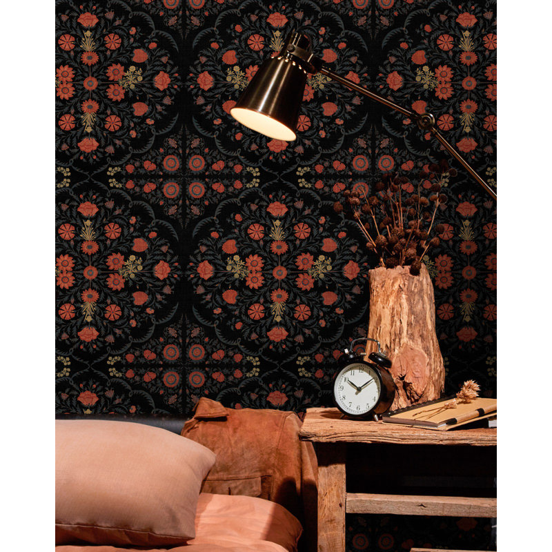World of Fabrics Floral Matte Wallpaper Roll, Red/Gold/Black