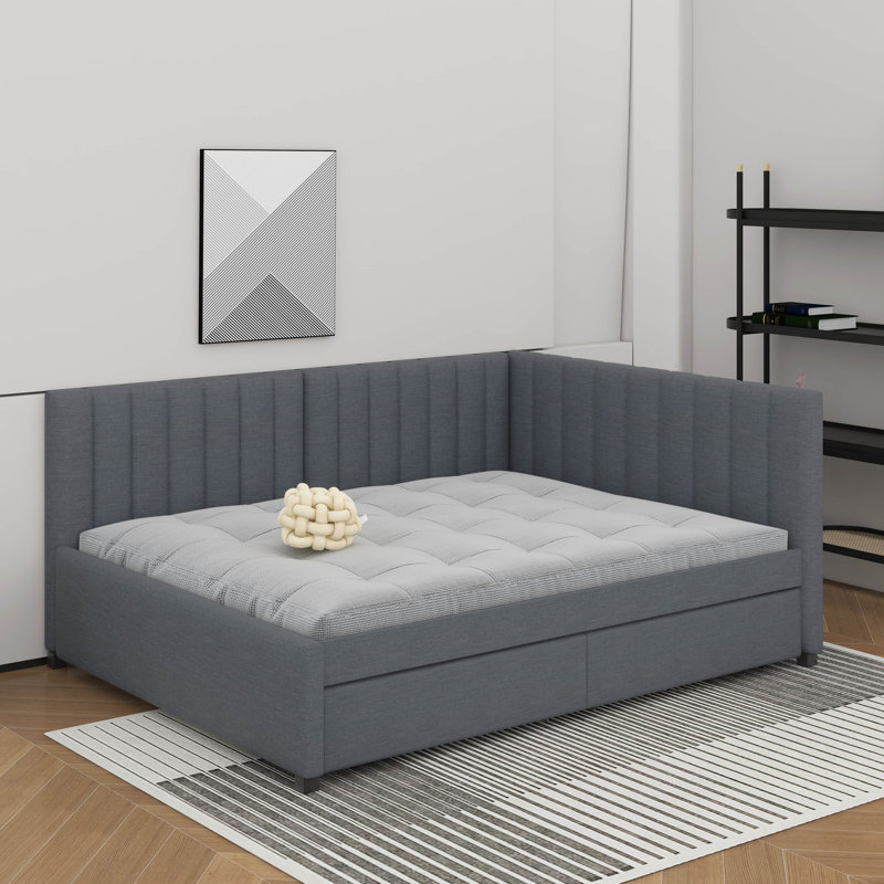 Full Size Upholstered Daybed With Drawers, Gray