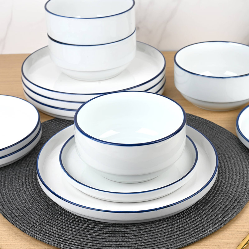 Waterside 12pc Stackable Colour Rim Porcelain Dinner Set, White/Blue