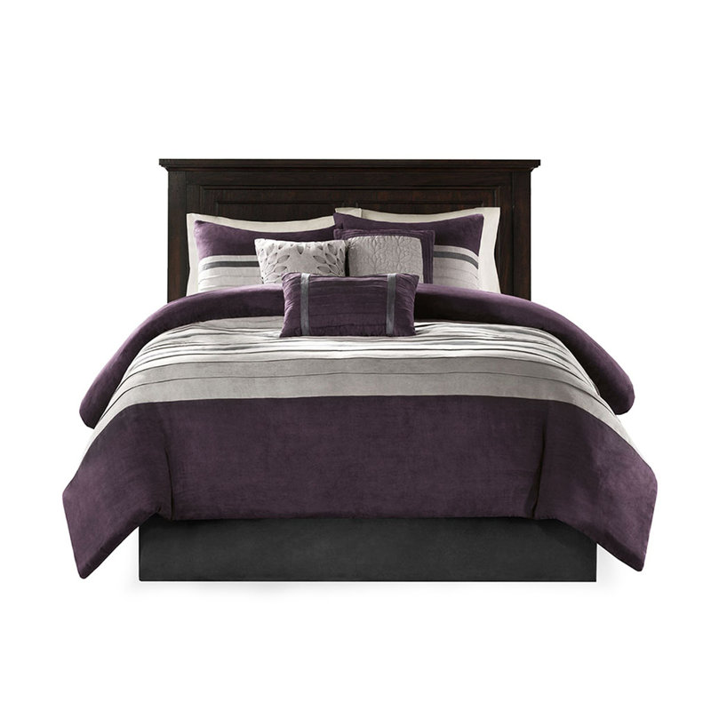 Édredon 7 pièces mauve pour grand lit - Faux suède confortable, rembourré, coussins brodés, entretien facile pour le confort du lit, lavable