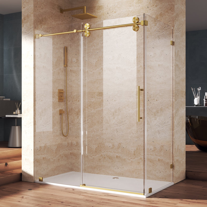 48" W X 36" D X 76" H Sliding Frameless Shower Enclosure With 3/8 Inch Tempered Glass, Brushed Gold, 36"