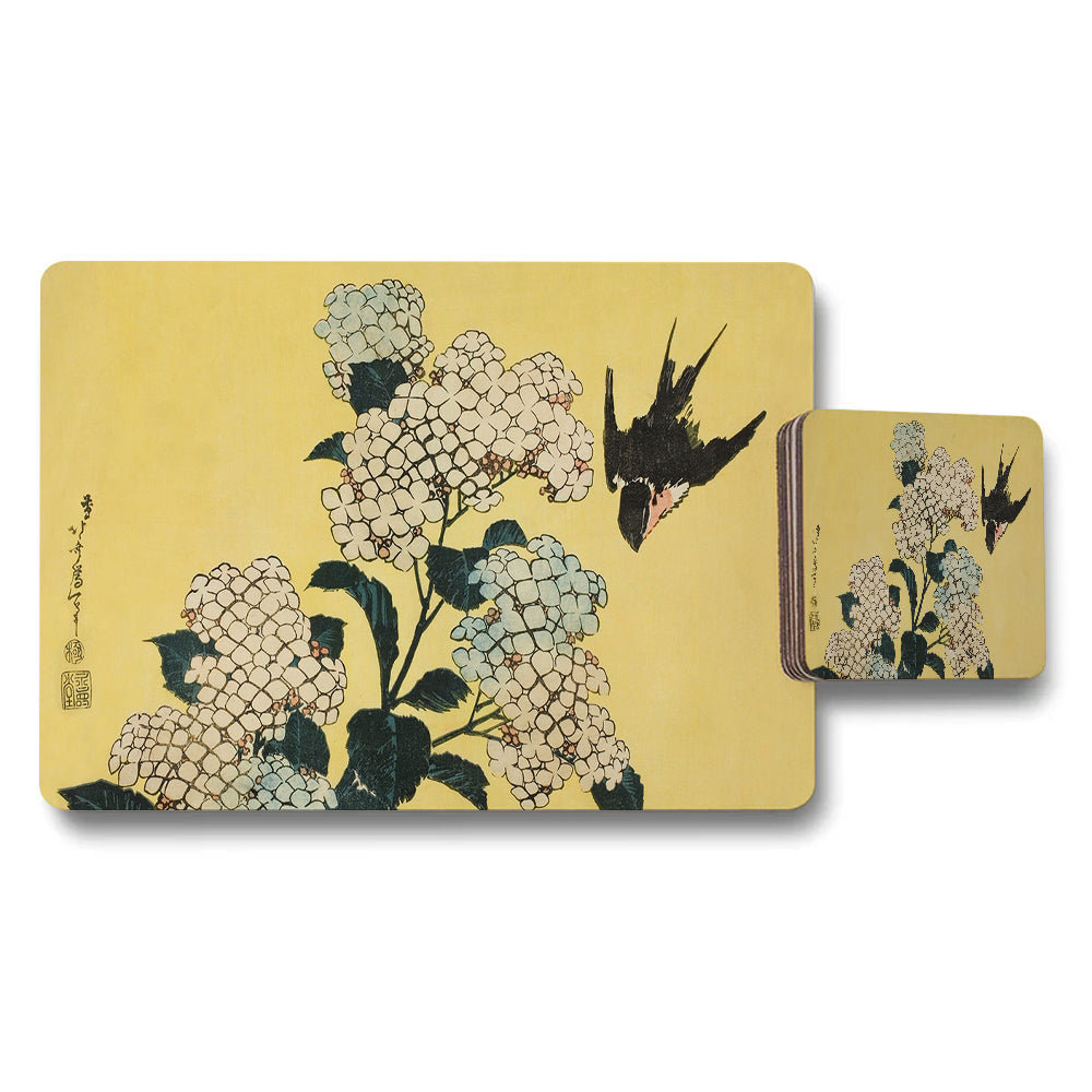 Hydrangea And Bird Motif Placemat And Coaster Set Yellow Background