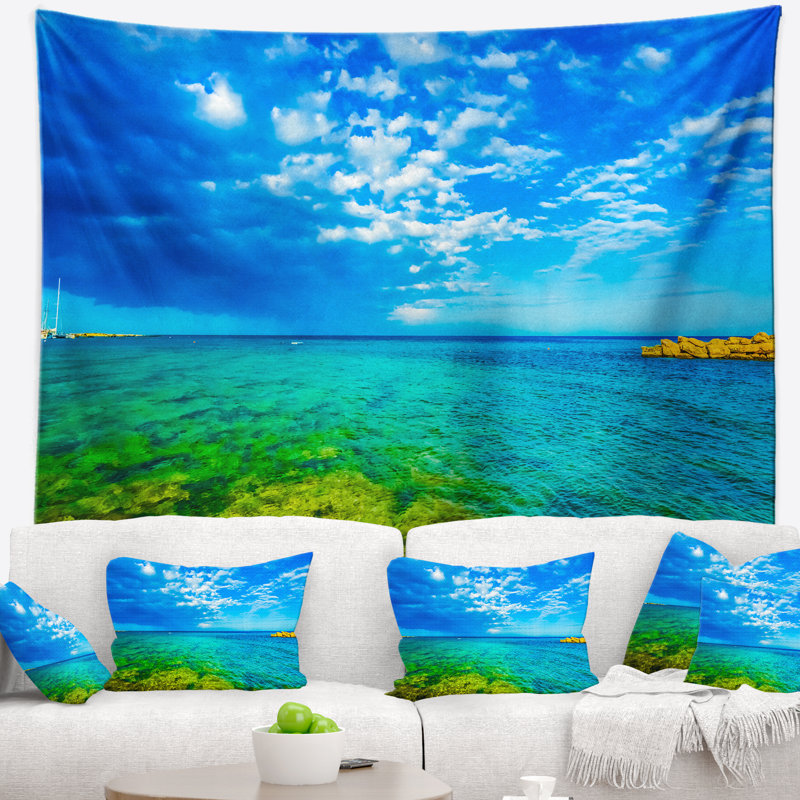 Tapisserie bord de mer pittoresque vert bleu, H 78 po x l 92 po