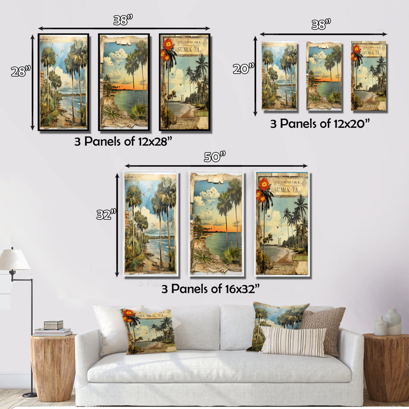 Florida Beach Wall Art, ensemble de 3 pièces sur toile - Collage de palmiers de Floride rétro et plage II, H 28 po x l 36 po