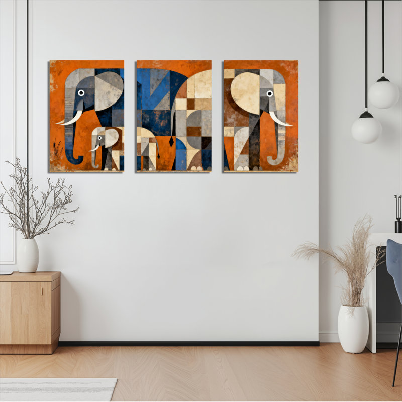Motif géométrique d'éléphant, reproduction d'art sur toile tendue sur toile abstraite (ensemble de 3), H 30 po x l 60 po