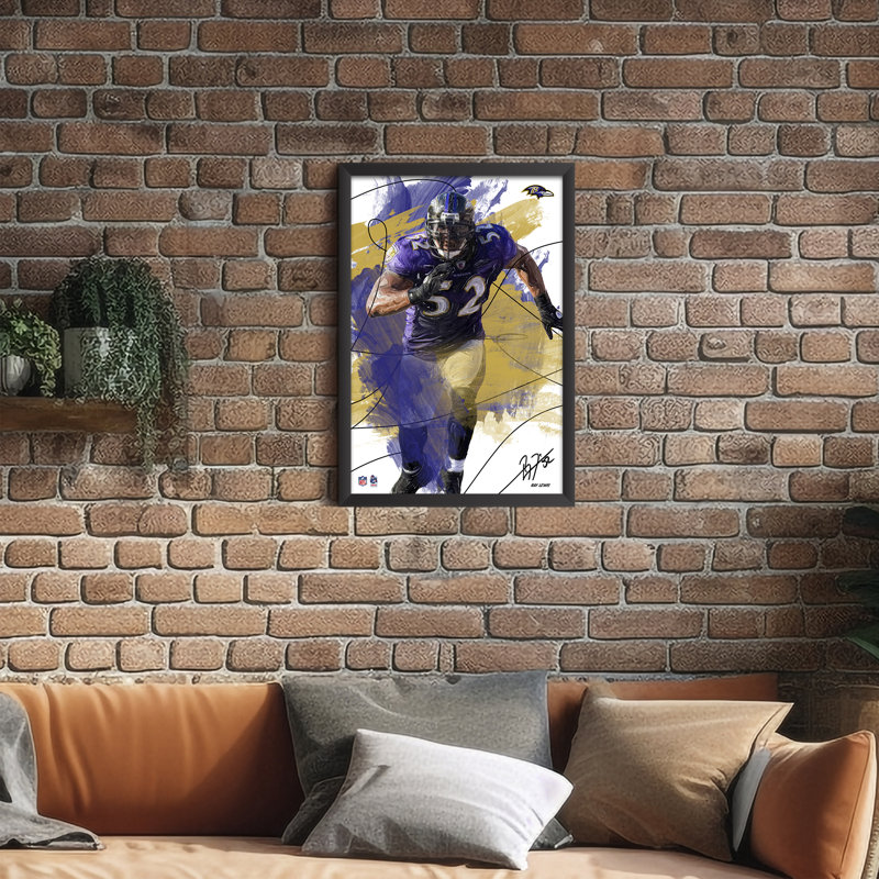 Sporticulture NFL Baltimore Ravens Ray Lewis 52 Brush Stroke, affiche encadrée, décoration murale, 68,5 x 99 cm (27 x 39 pouces), œuvre d'art pour les caves à fan