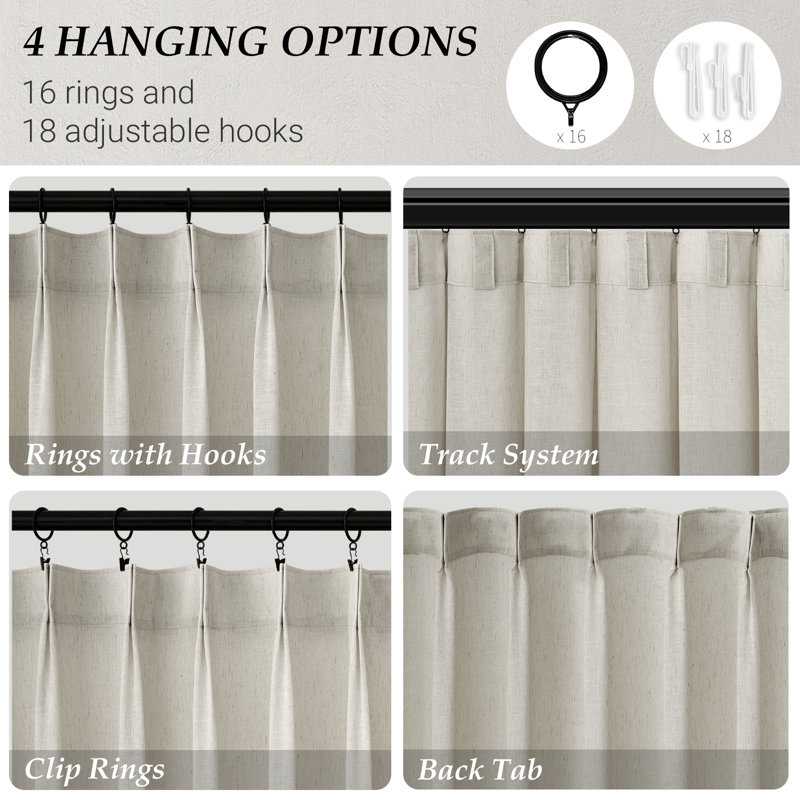 Pleated Linen Curtains, Semi Sheer Light Filtering Pinch Pleat with Hooks and Rings,Back Tab Drapes,Set of 2, 40" W x 96" L