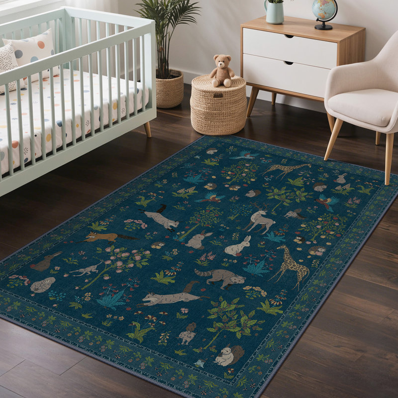 Tapis à imprimé floral et animal Alcoa, Bleu minuit, Rectangle 5 pi x 7 pi