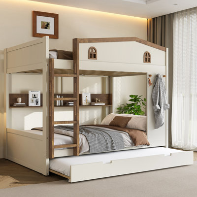 Lit superposé avec lit gigogne et tablettes de rangement, lits superposés en bois massif avec crochets, aucun sommier nécessaire