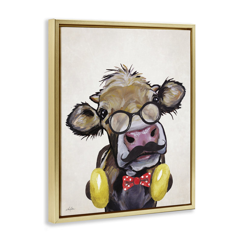 Hipster Cow & Headphones, Cadre flottant métallique doré, H 31 po x l 25 po