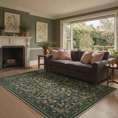 Vinehart Floral Vines Machine Washable Sage Indoor Area Rug With Non-Slip Backing