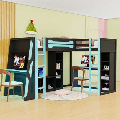 Twin Wooden L-Shaped Loft Bed with RGB LED Light Strips, Built-In USB Charging and Shelves