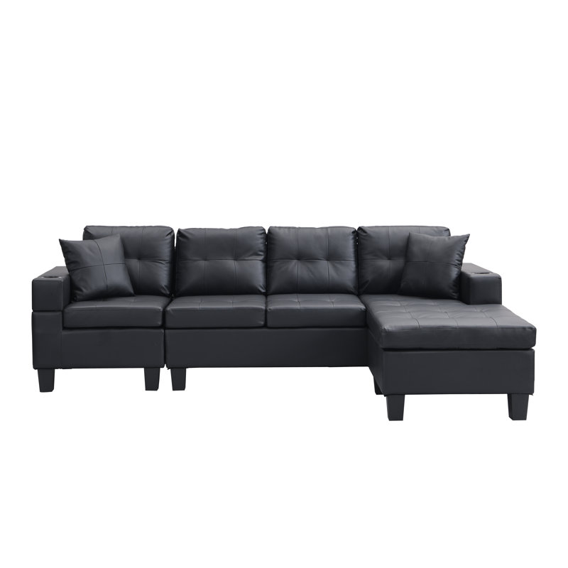 Malachi L-Shaped PU Leather Sectional Sofa with Pillows & Cup Holder, Black Faux Leather