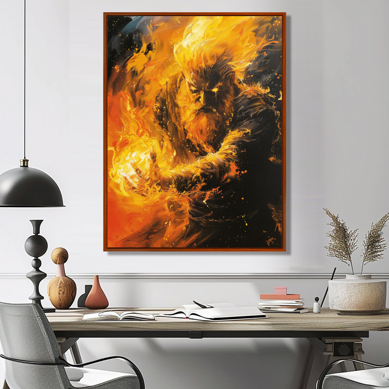 «Yellow Fire Giant Monster - Giants», art mural, Cadre flottant brun, bois massif, H 16 po x l 32 po