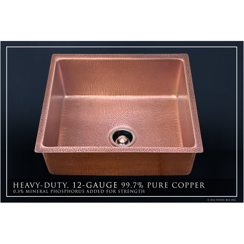 Fossil Blu Luxury 18" 12-Gauge Hammered Copper Undermount/Drop-In Sink, Medium Patina, Incl Accs