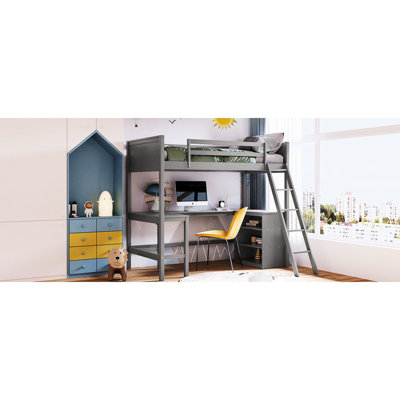 Lit mezzanine simple gris avec espace de travail fonctionnel et tablettes de rangement, maximisation de l'efficacité de la pièce, fabrication en bois, bureau polyvalent pour dormir en toute sécurité, utilisation, cadre, matelas respirant