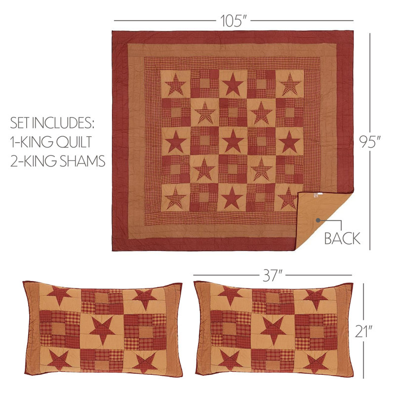 Ninepatch Star Cotton Patchwork Quilt, King Quilt + 2 Shams
