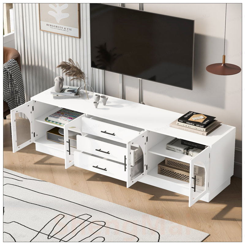 Meuble télé moderne et minimaliste pour téléviseur de 75 po ou moins, centre de divertissement avec tablettes réglables et rangement spacieux