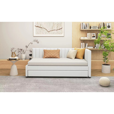 Comfortable Twin Daybed With Trundle Linen Upholstery Stylish Design Perfect For Apartments