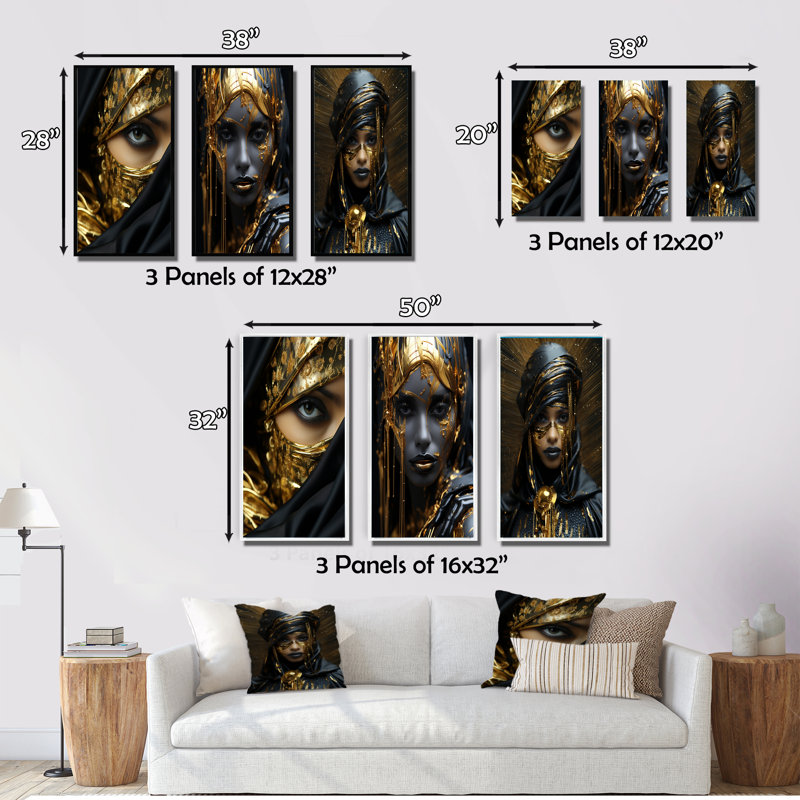 «Gorgeous Boho Chic Woman Vintage Gold Glam» - 3 pièces, Cadre flottant noir, H 40 po x l 60 po