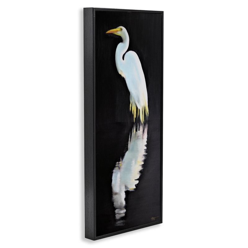 Dark Egret Reflection Framed Giclee Art by D. Rust, Midnight Black Framed Giclee, 24" H x 10" W
