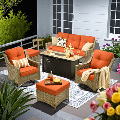 Ensemble de mobilier d'extérieur en osier avec coussins - Canapé modulaire en résine tressée, table de foyer et repose-pieds pour la cour, le porche et le jardin