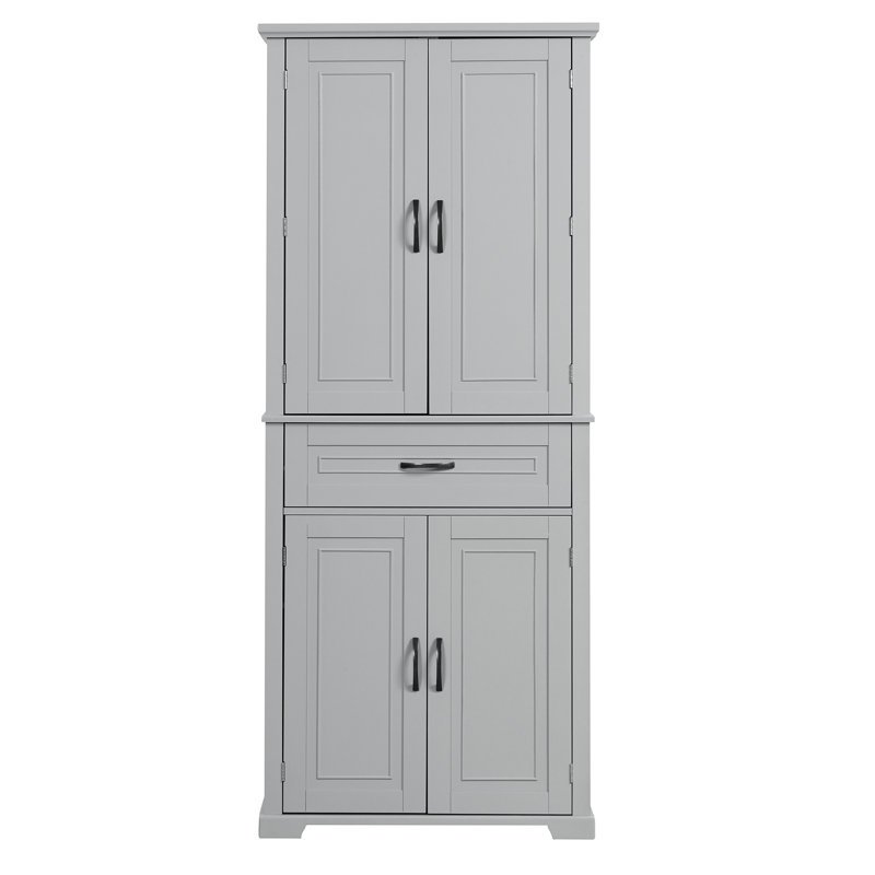 Armoire de rangement grise pour salle de bain - 4 portes, 1 tiroir, poignées en métal faciles à installer, plusieurs compartiments