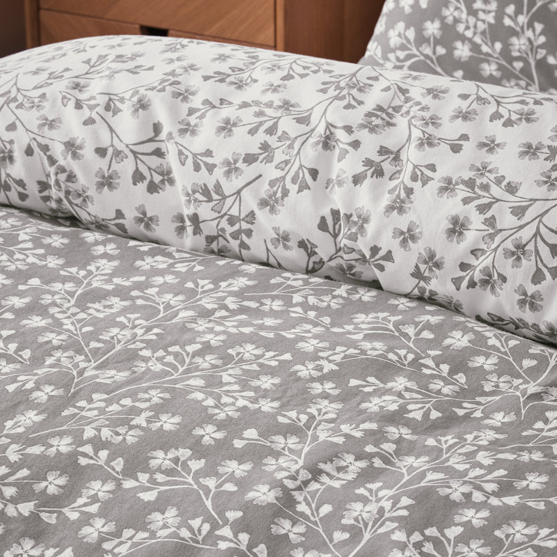 Brushed Grace Floral Leaf Cotton Reversible Duvet Cover Set, Grey, Single Duvet Cover + 1 Standard Pillowcase
