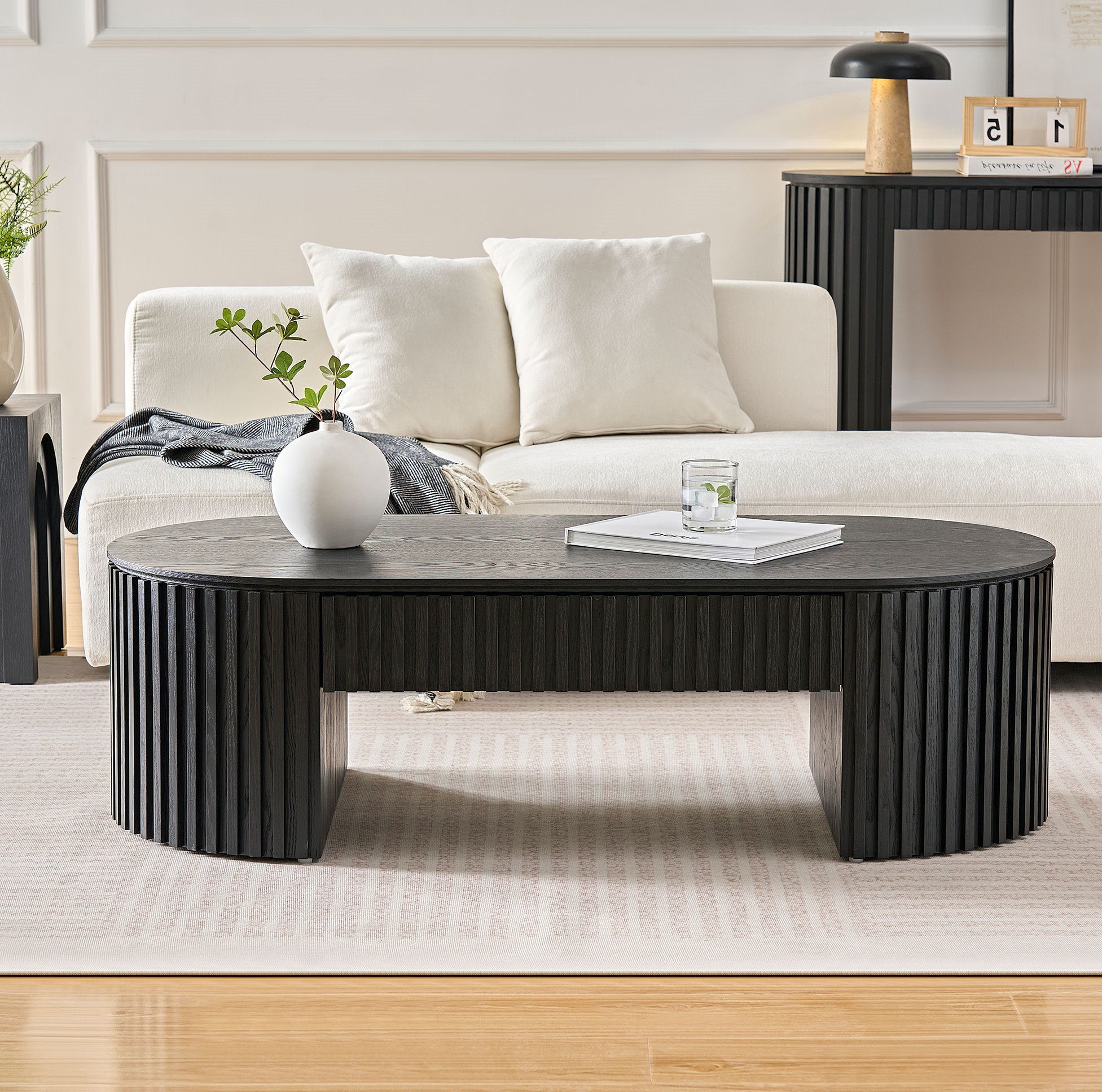 Orren Ellis Oval Wood Coffee Table With Drawer Mid Century Modern ...