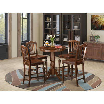 Ensemble de table de salle à manger 5 pièces à hauteur de comptoir de cuisine comprenant une table ronde en bois avec piédestal et 4 chaises, acajou