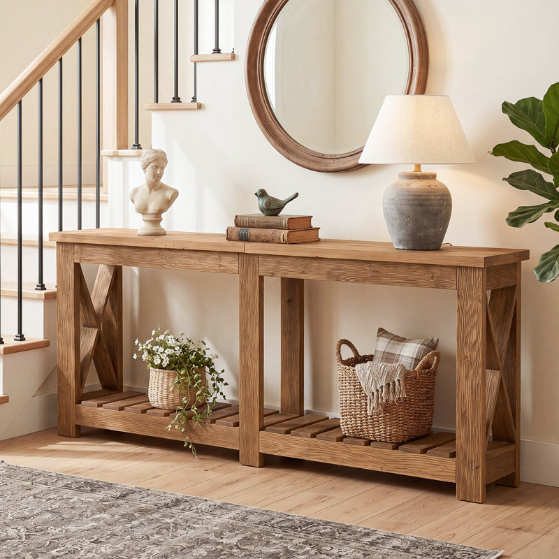 Solid Wood Console Table For Entryway, 70.9" Farmhouse Sofa Table Behind Couch With Storage Shelves For Living Room, Foyer, Hallway