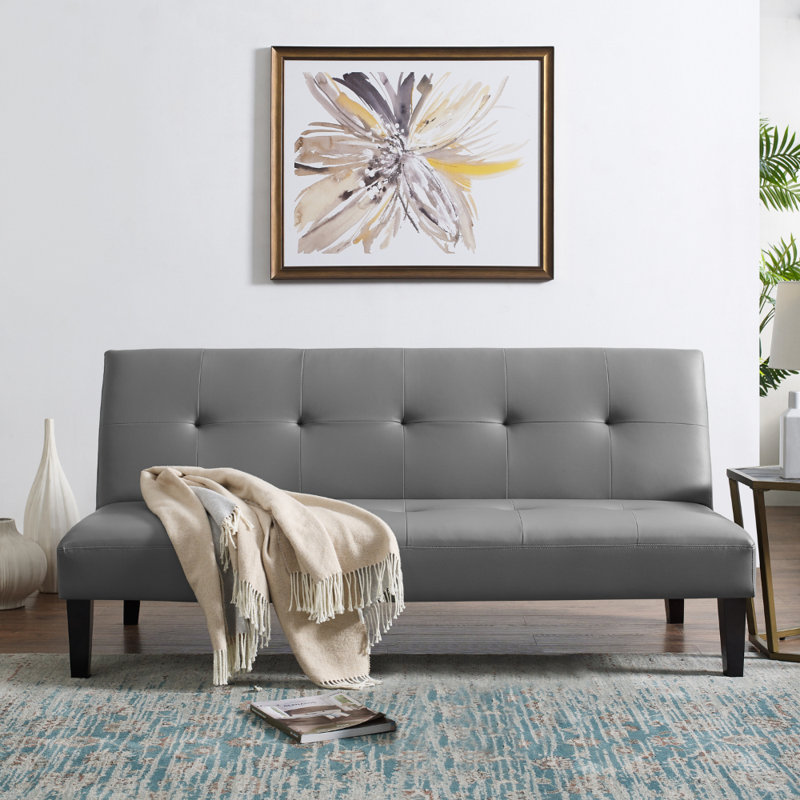 Futon, canapé-lit capitonné à dossier convertible en similicuir de 66,1 po Mercia, Simili cuir gris