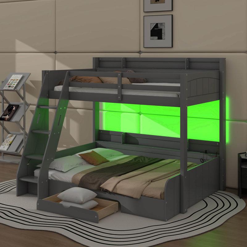 Twin Over Full Bunk Bed With Charging Station And Drawer, Gray