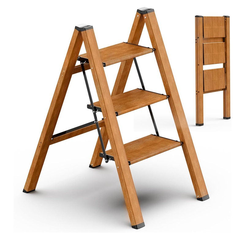 3 Step Ladder, Folding Step Stool With Anti-Slip Wide Sturdy Pedal And Handgrip, Multi-Use For Home And Kitchen Use, Space Saving-Woodgrain(300 Lbs Capacity)