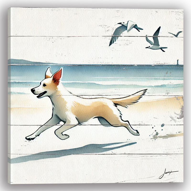 «Seaside Joy Dog», art mural sur toile tendue, H 20 po x l 20 po
