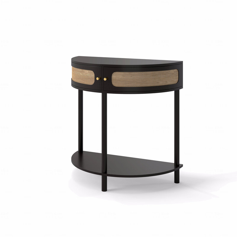 Unique Half Moon Design End Table, With Sliding Rattan Door Elegant Semi-Circle Entryway Console Table With 2 Rattan Storage Cabinet And Bottom Shelf For Living Room, Bedroom, Study, Hallway