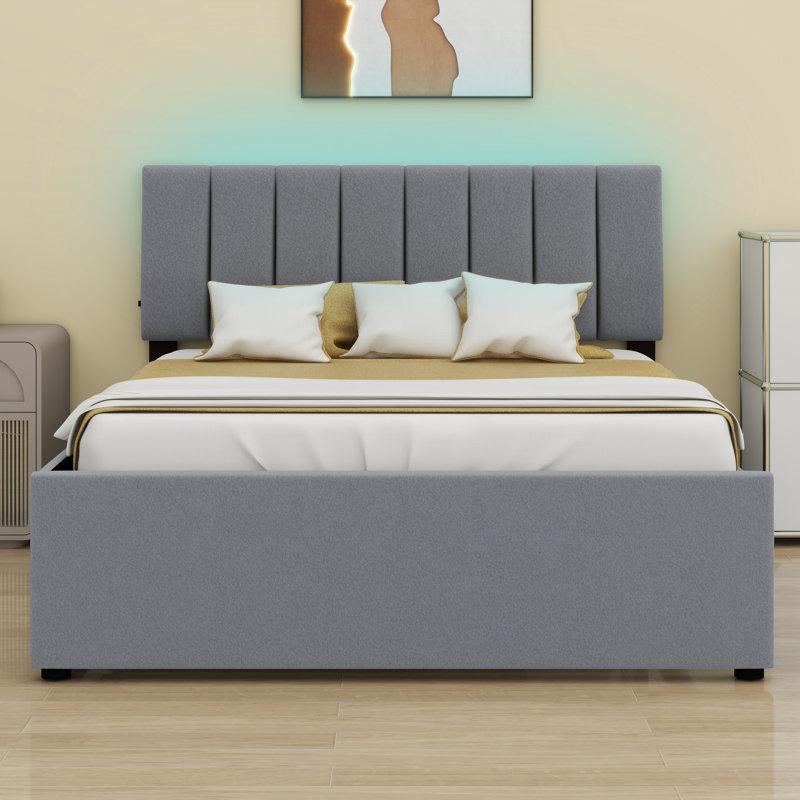 Upholstered Platform Bed With Trundle, Gray