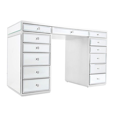 SlayStation Plus Premium Mirrored Vanity Table with Glass Tabletop, 13 Drawers with Luxurious Crystal Knob Accents