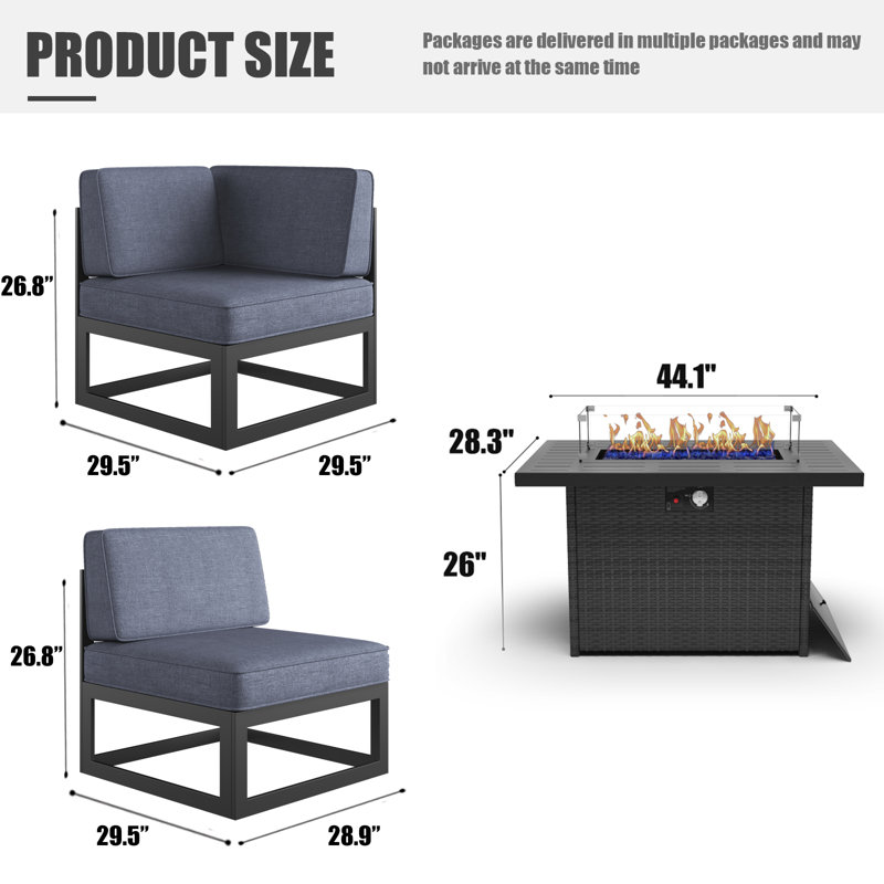 Ensemble modulaire d'extérieur 7 pièces avec table de feu 7 pièces, Bleu marine