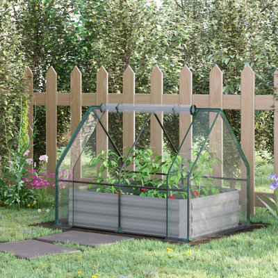 Lit de jardin surélevé galvanisé 4 pi x 3 pi Outsunny avec mini couvre-serre en PVC, jardinière en métal avec 2 fenêtres à enroulement pour faire pousser des fleurs, des fruits, des légumes et des herbes