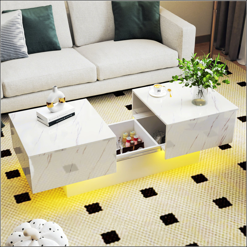 Table basse extensible avec plateau coulissant et rangement dissimulé pour le salon, peu encombrant et fonctionnel