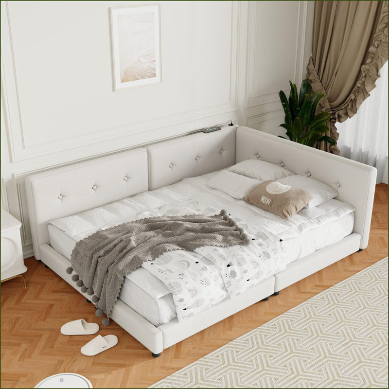 Structure de lit tapissier grand format en lin avec ports USB, beige - aucun sommier nécessaire, Beige, Grand lit
