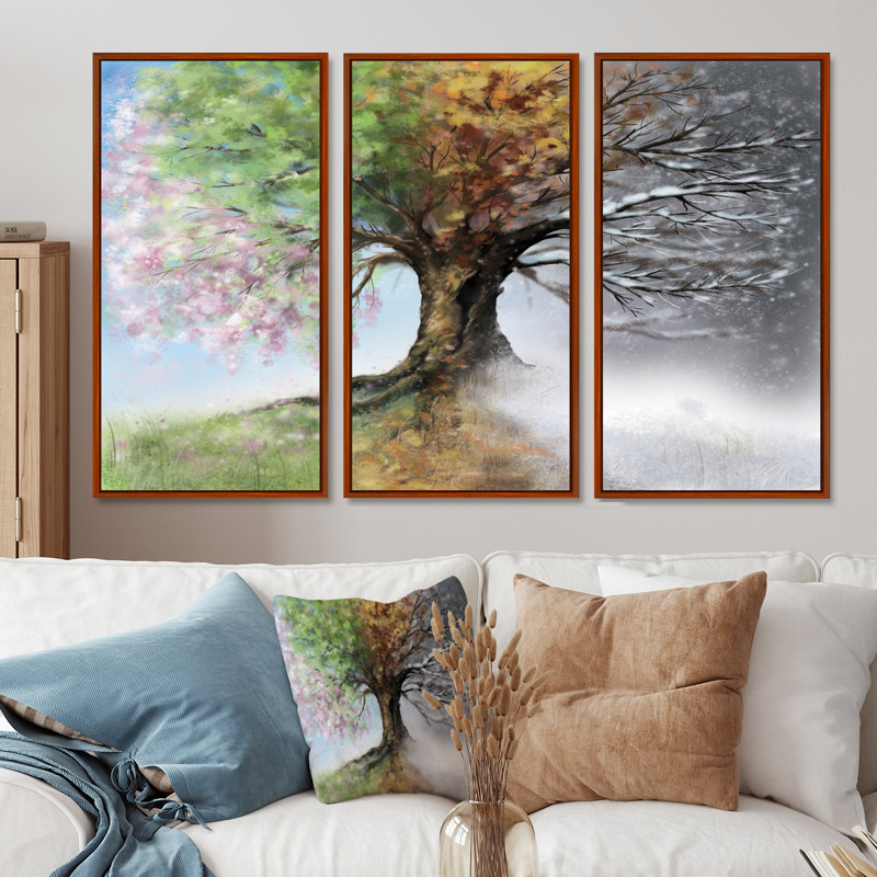 Arbre avec quatre saisons - ensemble d'art mural sur toile encadré paysage de 3, H 32 po x l 48 po, Brown