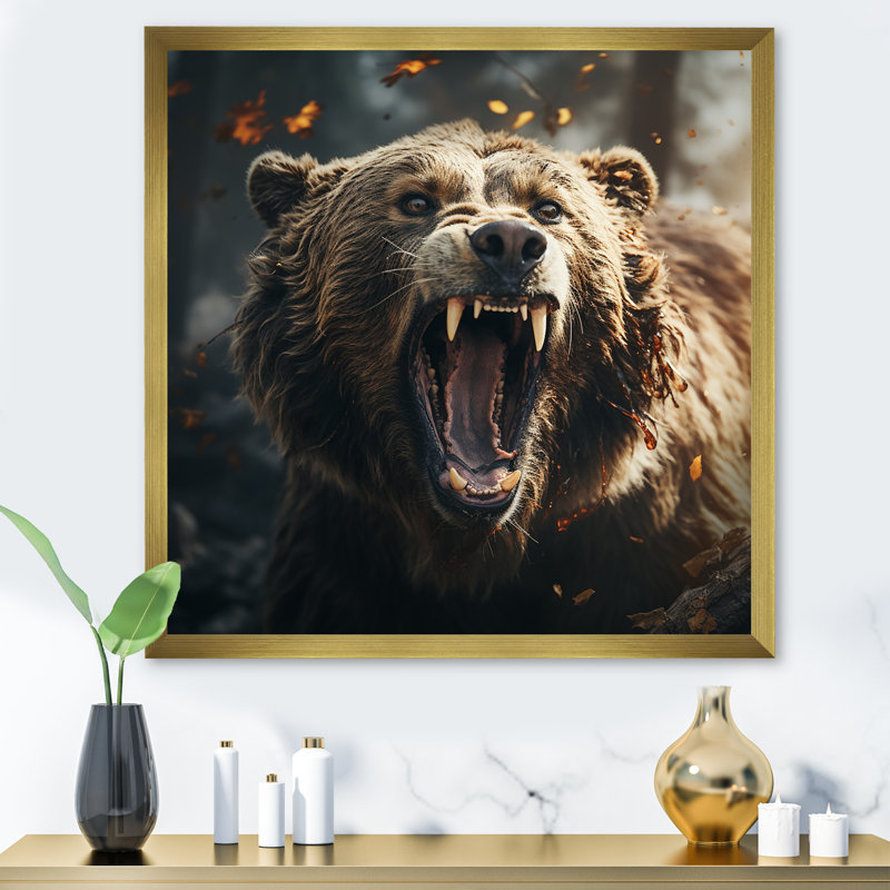 Représentation expressionniste d'un ours sur toile, H 24 po x l 24 po x P 1 po, Encadrement doré