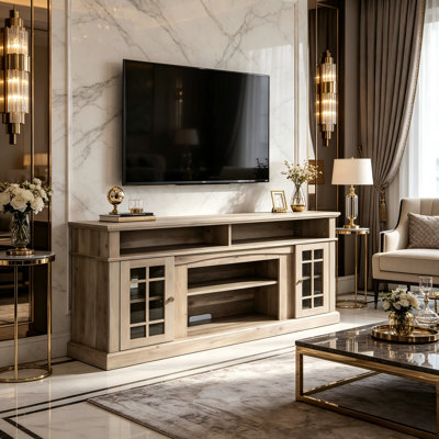 Meuble télé moderne et classique gris, convenant aux téléviseurs de 65 pouces, avec une conception standard à double rangement.