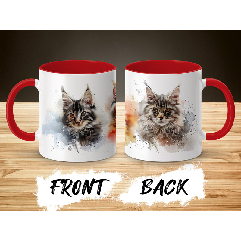 Cat Design 11oz Accent Mug – White Ceramic Coffee Cup with Colored Handle and Interior, Red, 3